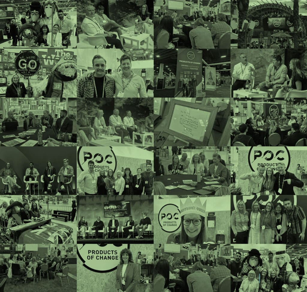 Collage showcasing diverse members and activities of the Products of Change community, highlighting collaboration and innovation in sustainable licensing.
