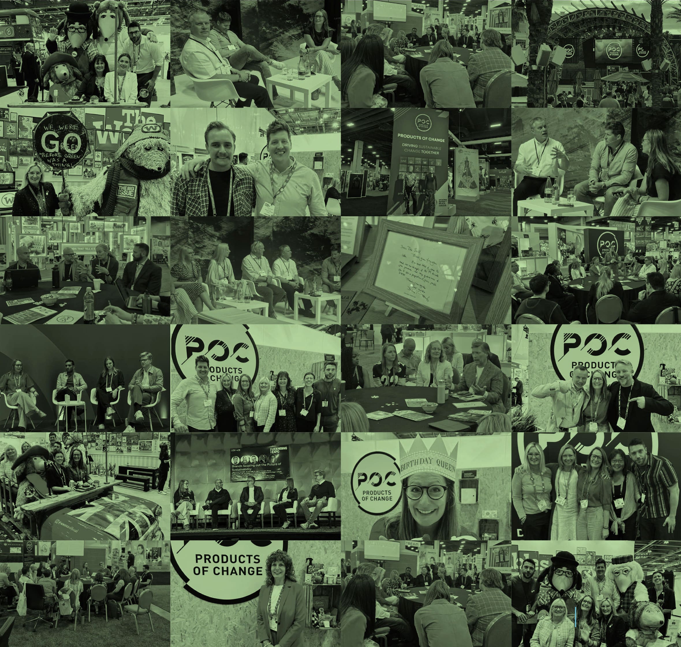 Collage showcasing diverse members and activities of the Products of Change community, highlighting collaboration and innovation in sustainable licensing.
