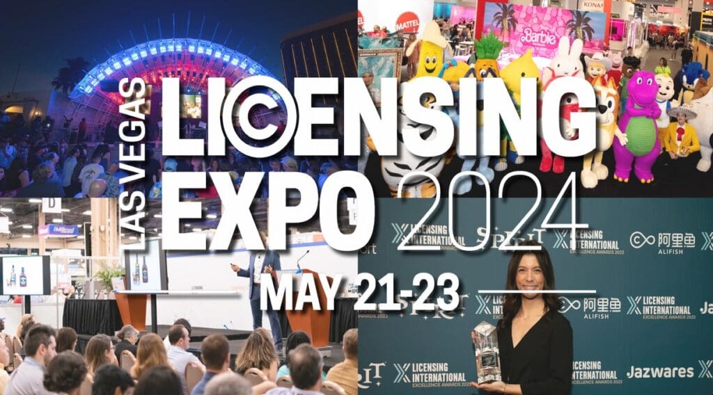 collage of images from Licensing Expo with character dress up, crowds in front of stage, and woman holding an award