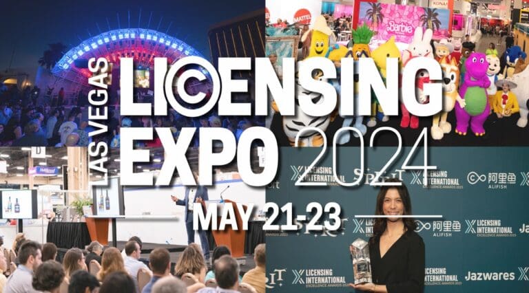 collage of images from Licensing Expo with character dress up, crowds in front of stage, and woman holding an award