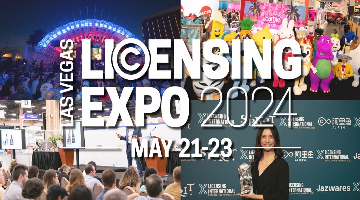 collage of images from Licensing Expo with character dress up, crowds in front of stage, and woman holding an award