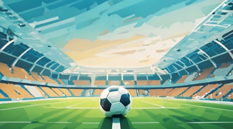 Illustration of a football resting on a football pitch with a view of a large football stadium before it.