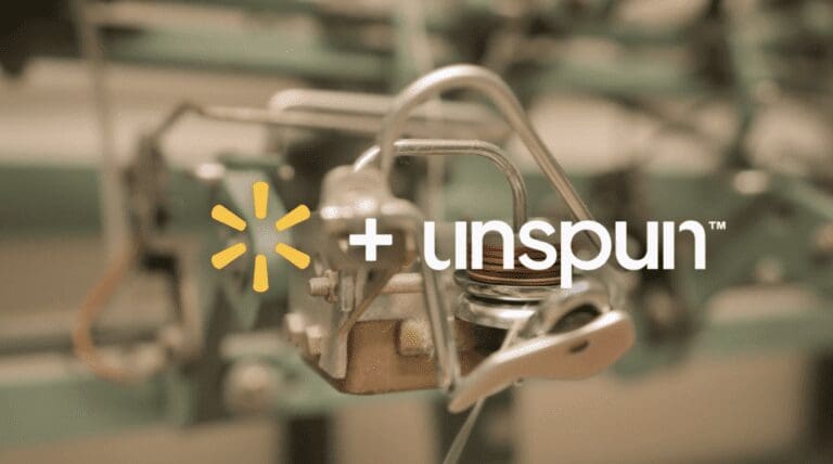 Image of fabric weaving machine overlayed with Unspun and Walmart logos