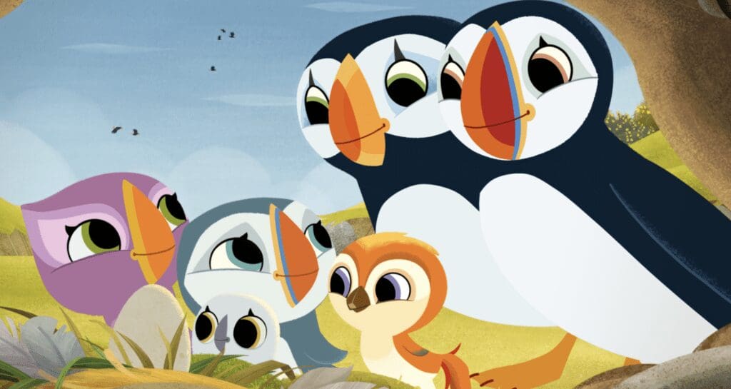 Two animated parent puffins look lovingly at some children puffins on Puffin Rock