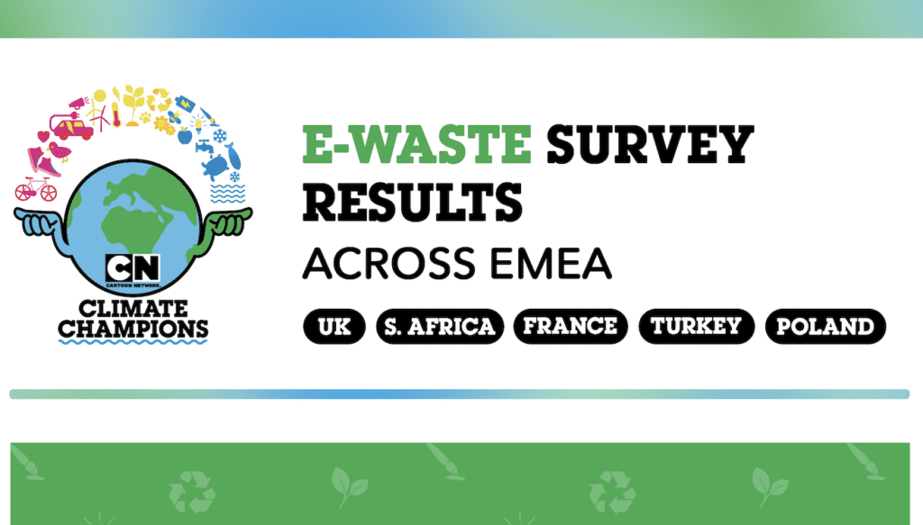 Cartoon Network Climate Champions logo with e-waste survey results written in font next to it.