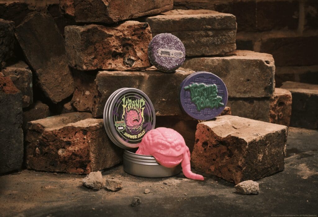 arrangement of Lush bath products all inspired by Teenage Mutant Ninja Turtles.