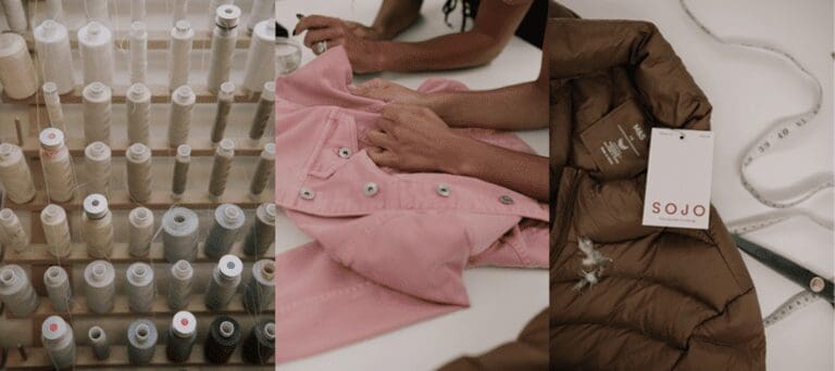 three pictures depicting cotton reels, hands sewing and fixing an item of clothing, and a garment with the SoJo label attached.