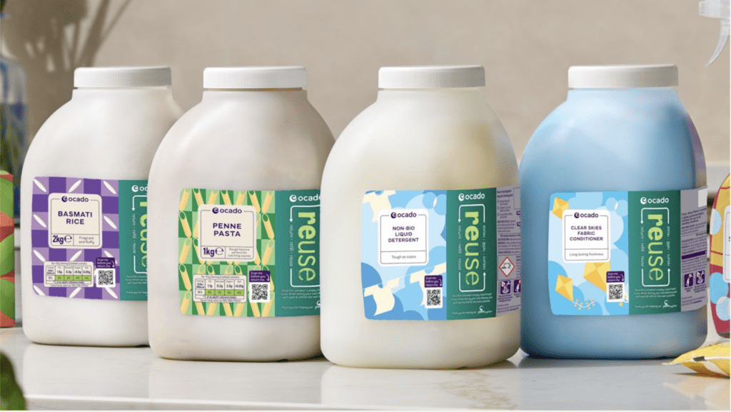Line up of refillable packaging in Ocado trial
