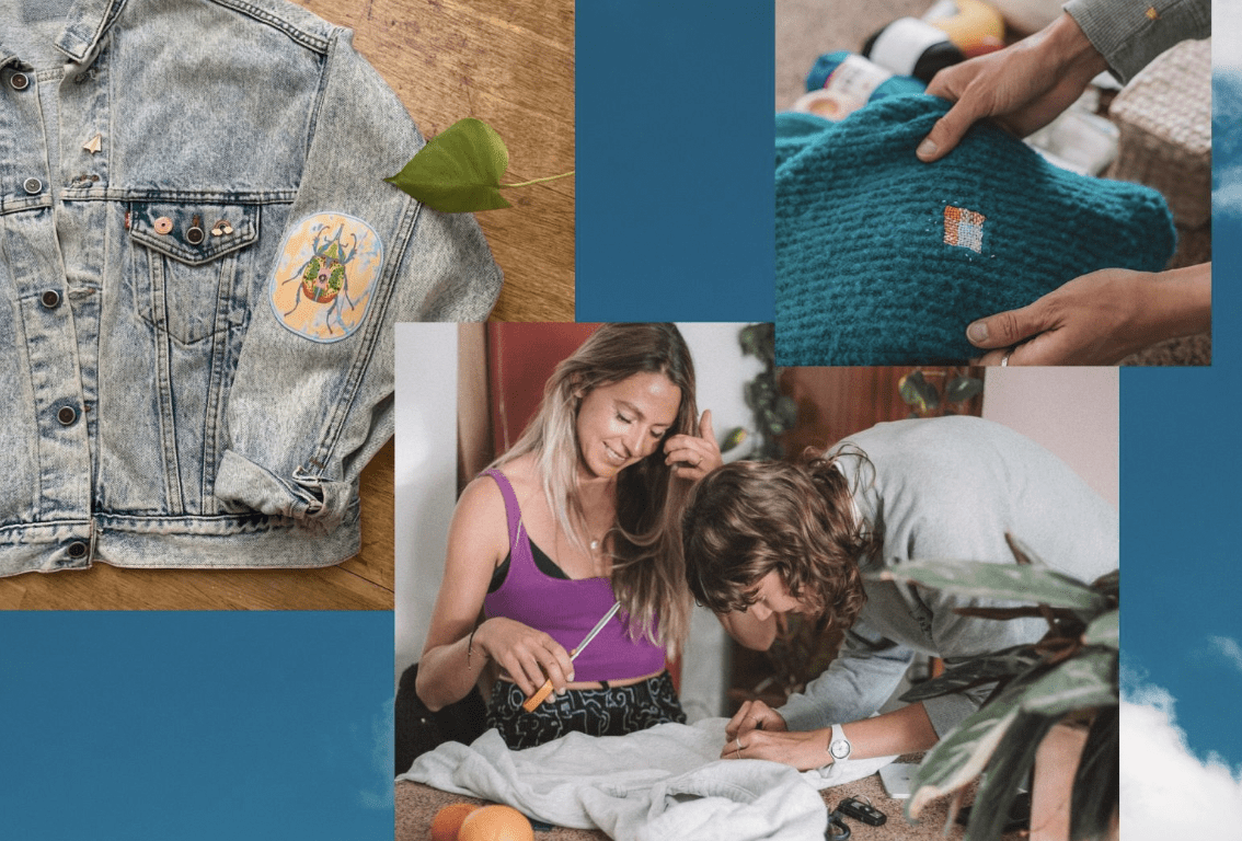 collage of images of people repairing and patching clothing with visible mending