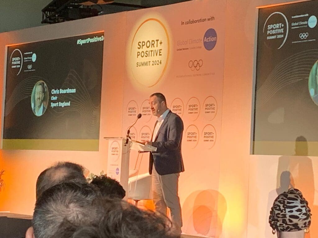 Chris Boardman, the chair of Sport England on stage opening Sport Positive 2024.