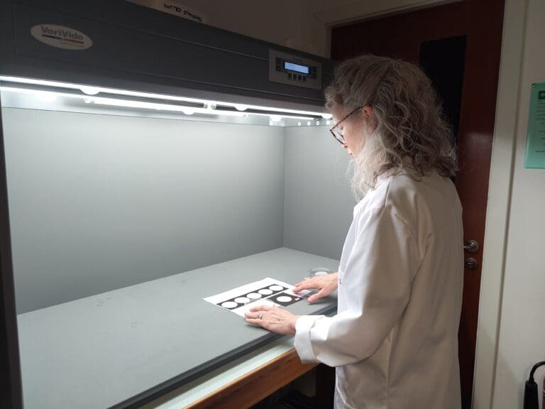Dr Lisa Macintyre studying samples under a light.