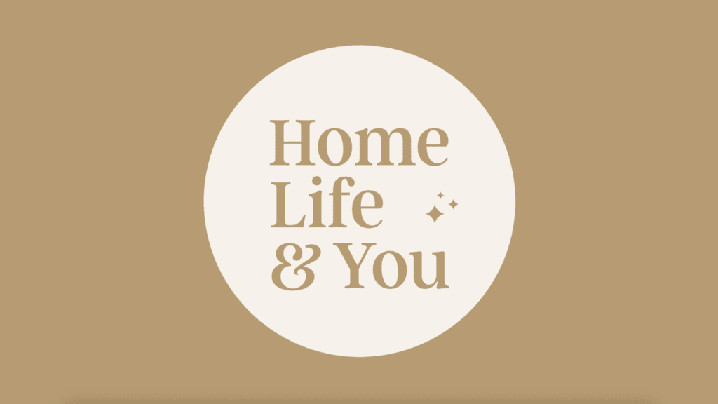 Tan background with cream circle with text inside reading Home, Life & You