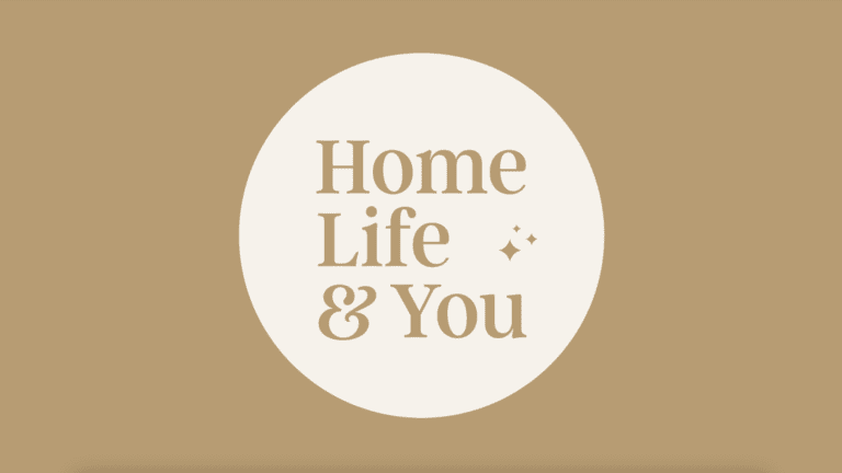 Tan background with cream circle with text inside reading Home, Life & You