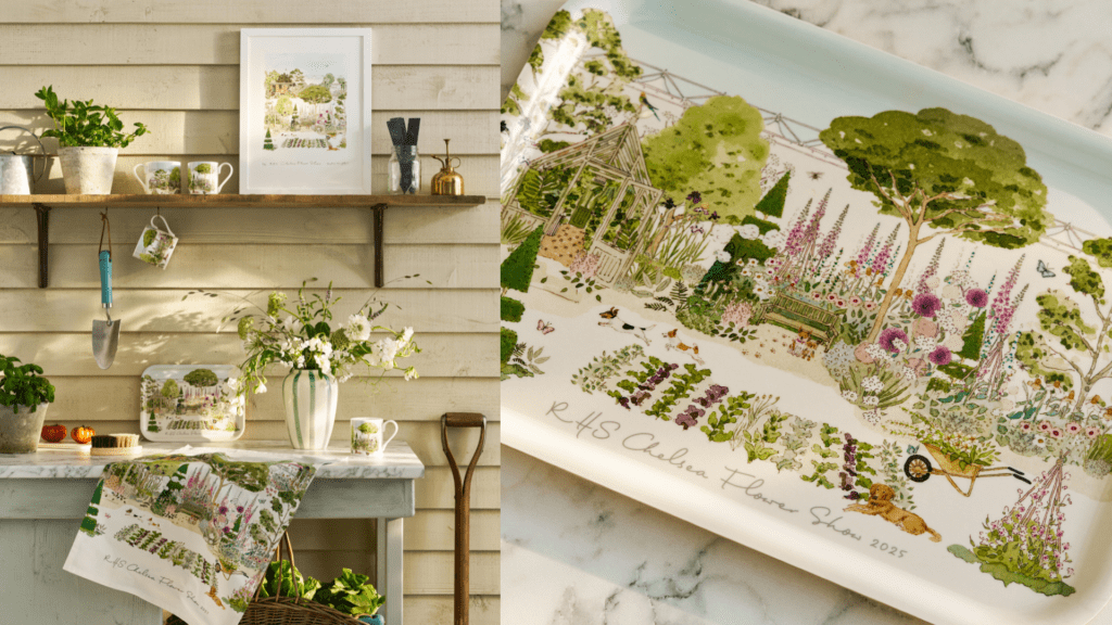 Product images of the collection, showing watercolour garden illustrations.