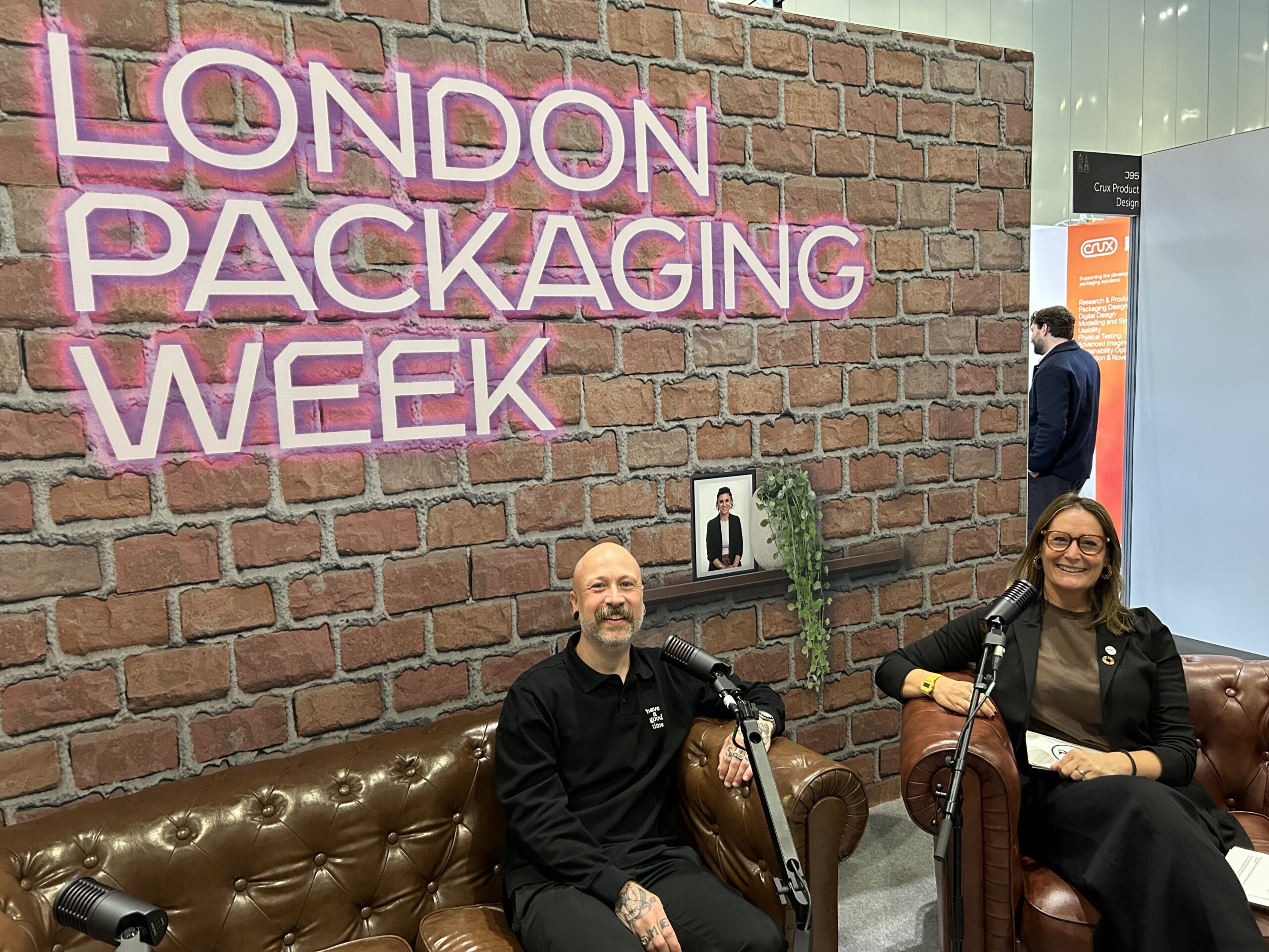 Steve Sheffield, Lush, and Helena Mansell-Stopher, POC, smiling on the London Packaging Week's podcast stage